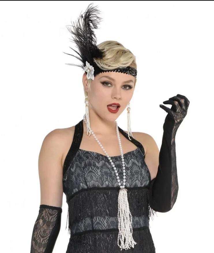 Vestido Flapper de Renda Preto Vestido Flapper Adulto Anos 20 Fantasia Halloween Vestido Extravagante Tamanho M - Imagem 2 de 4
