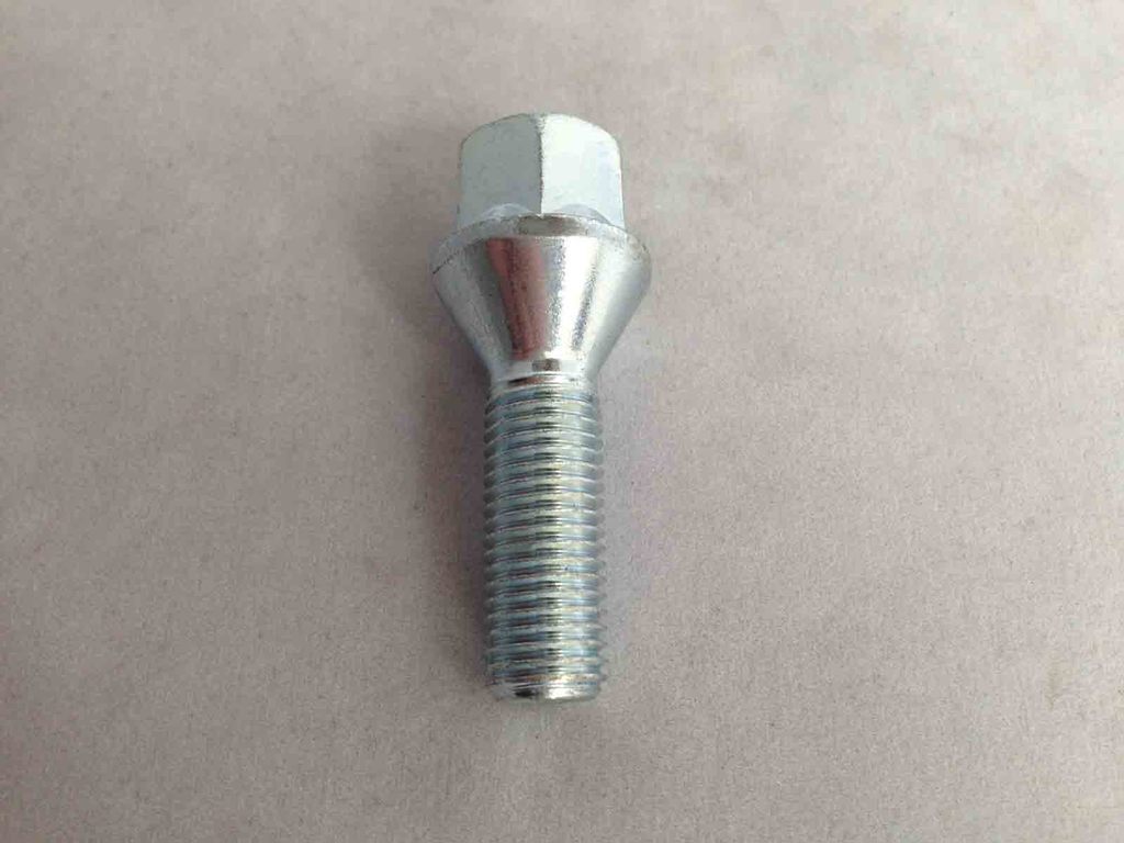 M14 x 1.25, 17mm Hex, 27mm thread, tapered seat alloy wheel bolts. Set