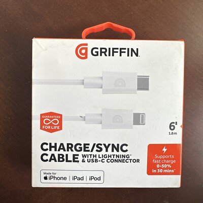 Griffin USB C to MFI Charge Sync Lightning Cable 6ft White