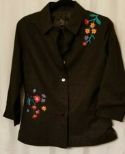 Women's Embroidered Silkland Blazer Jacket Black Floral Design Lined Size Small