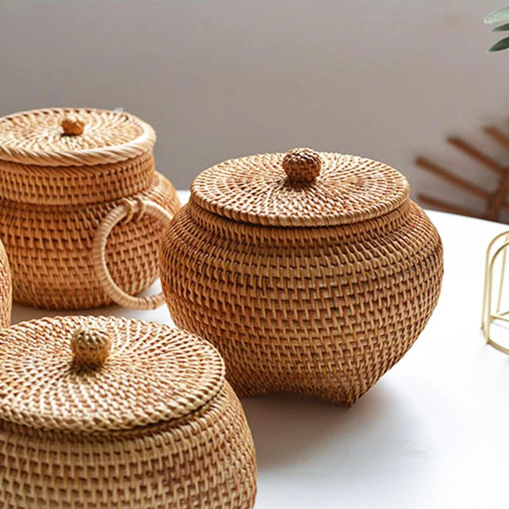 Round Rattan Box Wicker Fruit Basket with Lid Bread Bas Storage Basket Tray A7V6