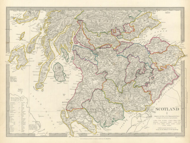 SCOTLAND SUD. Mostra castelli e chiese. Inserire nomi ex contee. Mappa SDUK 1844-
