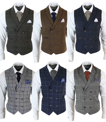 Gilet a Doppio Petto Da Uomo Tweed Verde Oliva, Blu Marino o Nocciola a  Scacchi | eBay