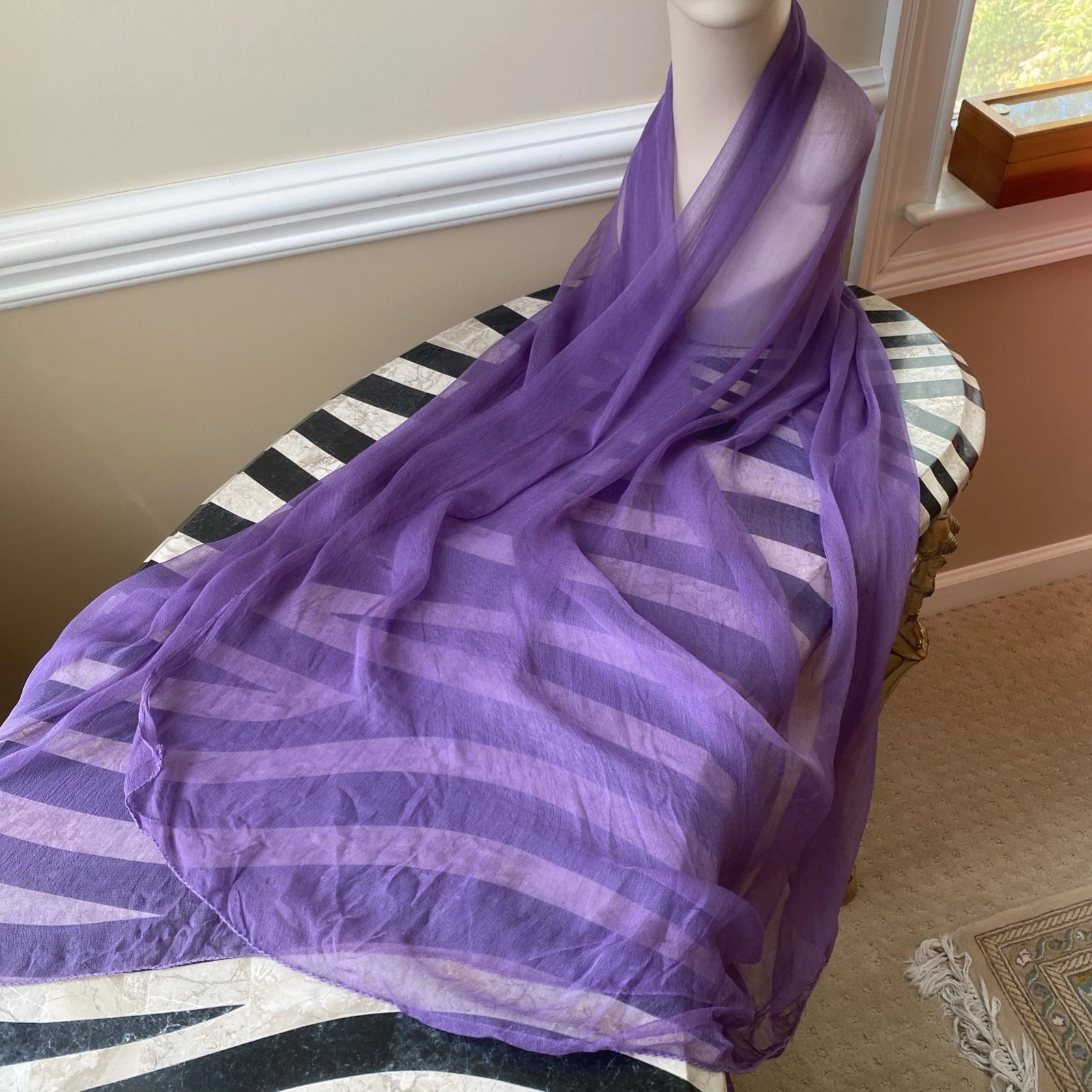 Vintage Sheer Silk Scarf Quiet Luxury 72x31” Boho Festival Indie Fairy Purple