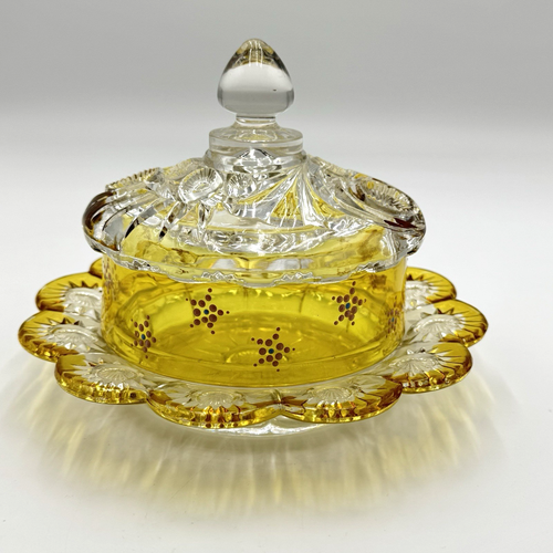 EAPG Riverside Glass Co's Amber Stained Esther Butter Dish Painted Dot Star - Picture 6 of 24