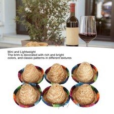 6Pcs Mini Sombrero Straw Hats 3.7in Diameter Mexican Style Wide Rim Bright