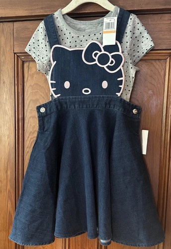 Hello Kitty Girl’s Sanrio Blue Denim Jean Jumper Dress Shirt Set 6X Adorable - Picture 2 of 16