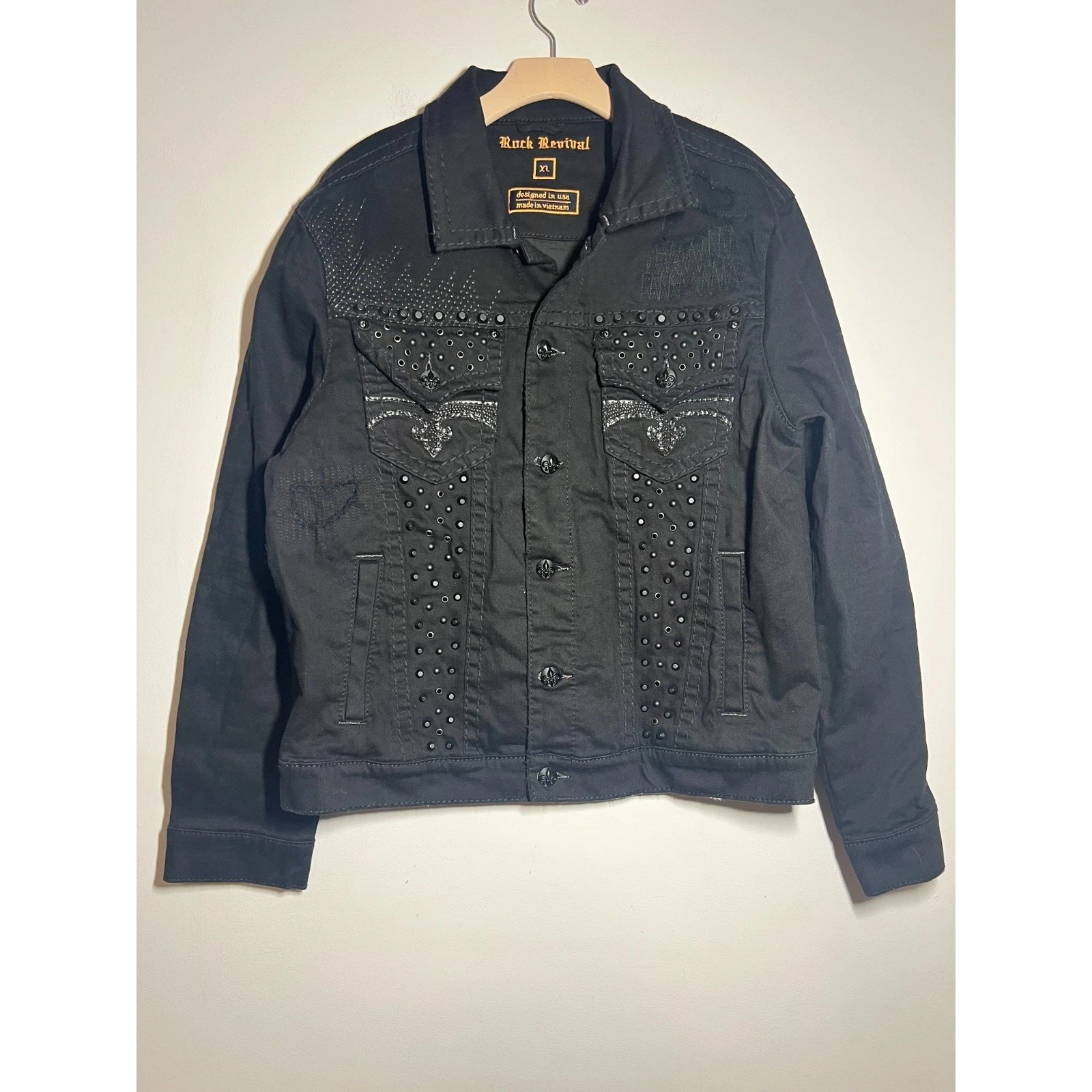 Rock Revival EUC Black Denim Doheny Fleur de Lis Stud Custom Button Jacket XL