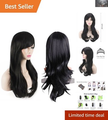 28-Inch Long Wavy Black Cosplay Wig with Adjustable Cap - Perfect for Events
