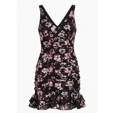 Harlyn Womens Metallic Floral Ruched V-Neck Ruffle Mini Dress Multi M YD-8688
