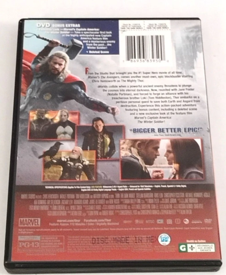 Thor: The Dark World (2013) DVD – Marvel Action, Chris Hemsworth, Widescreen - Image 2 of 2