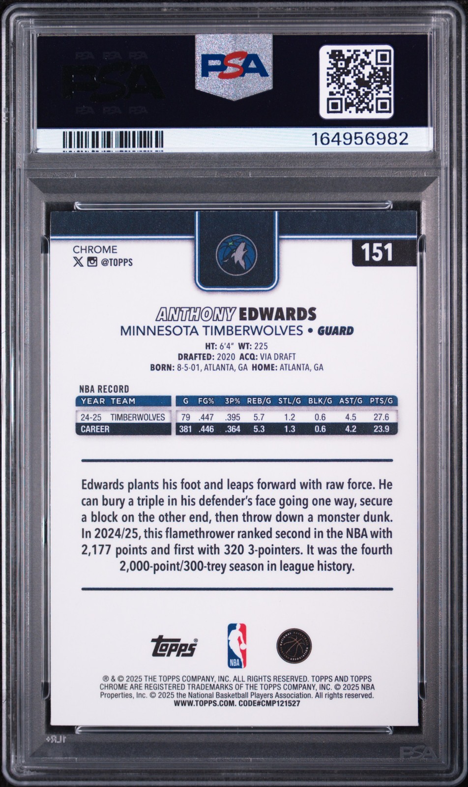 2025 TOPPS CHROME X-FRACTOR #151 ANTHONY EDWARDS PSA 10 view 2