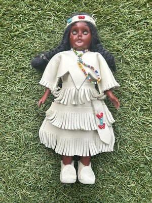 Handgefertigte indianische Puppe mit Baby, Leder Perlen weiß Fransen Kleid, 8''