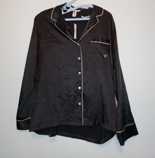 Victorias Secret Womens M Sleep Shirt Pajama Top Silky Black Pink Pocket NWT
