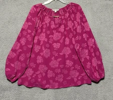 The Pioneer Woman Keyhole Blouse Sz Large Split Neck Elastic Cuffs Pink Jacquard