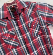 VTG Plains Men  s M Pearl Snap Short Sleeve Western Shirt Red White Blue BlkPlaid