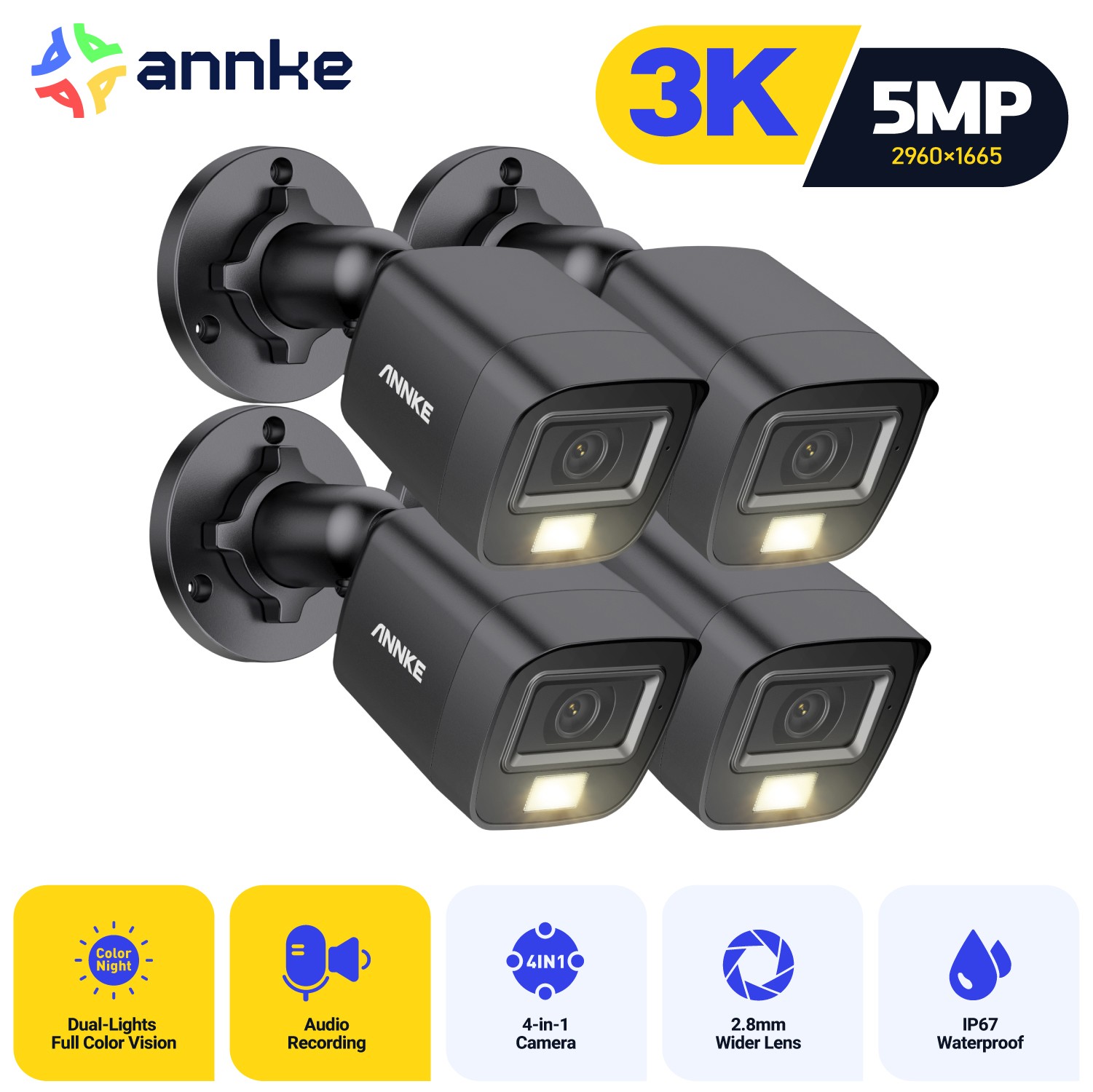 ANNKE 3K Video CCTV Security Camera 5MP Outdoor AI Color Nig