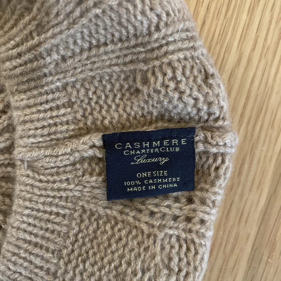 Boina de punto 100 % cachemir Cashmere Charter Club de lujo beige camel sombrero Foto 4 de 4