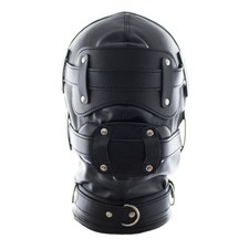 Black Faux Leather Fetish Head Mask & Mouth Gag Plug Adult Cosplay Hood Harness