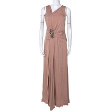Gucci Pale Pink Silk Crepe Brooch Detail Draped Gown M