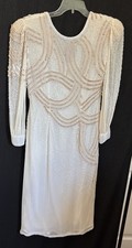 Vintage 80’s 90’s 100% Silk Oleg Cassini Black Tie Heavily Beaded Dress Ivory 6