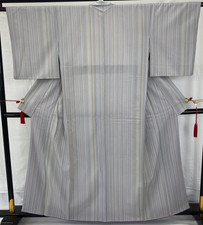Japanese Vintage Kimono Silk Gray Stripes Traditional Authentic Length 61 in
