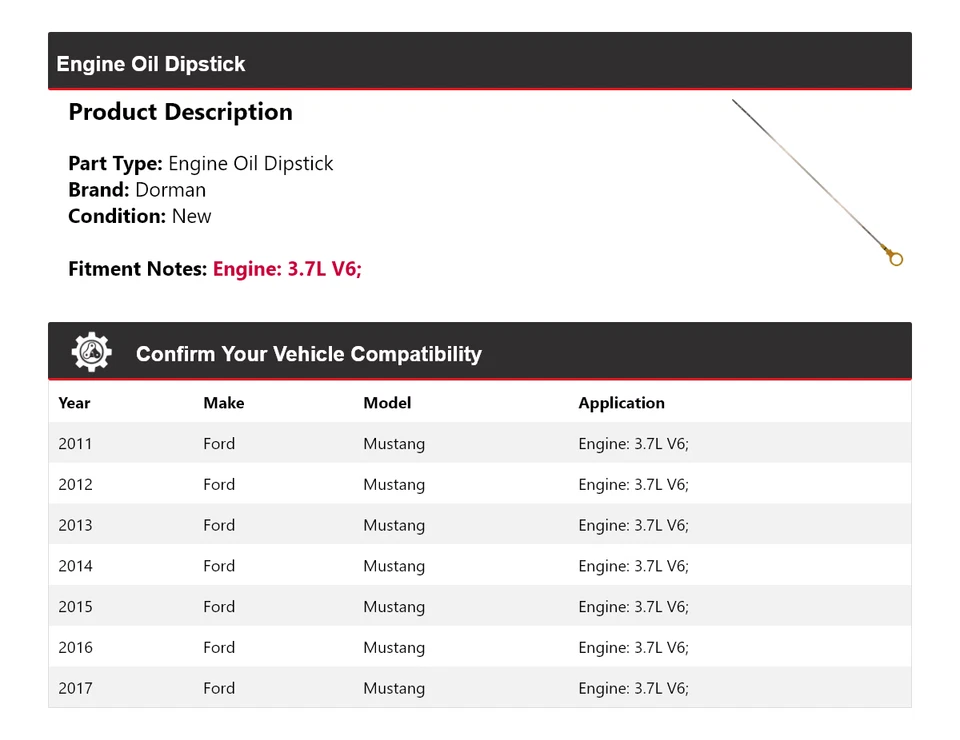 Varilla de medición de aceite de motor Dorman V6 3,7 L para Ford Mustang 2011-2017 2012 2013 2014 Foto 2 de 4