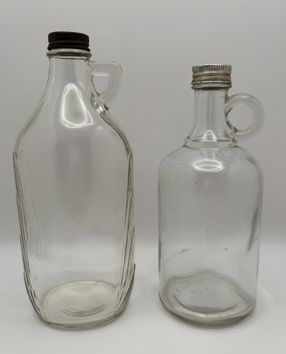 Vintage Glaskrüge mit Glasgriff Essig Sirup Kanne Metall Schraubdeckel