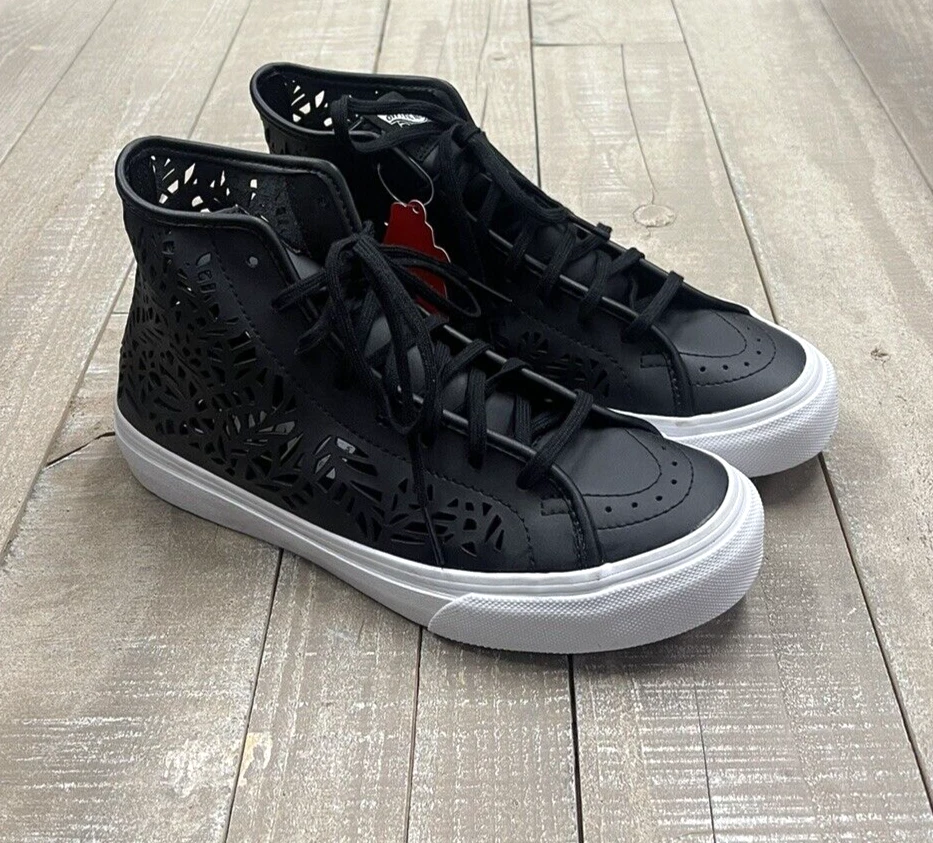 Sneaker in pelle nuove con scatola Vans Sk8 Hi Decon tagliate foglie medie nere taglia: 7