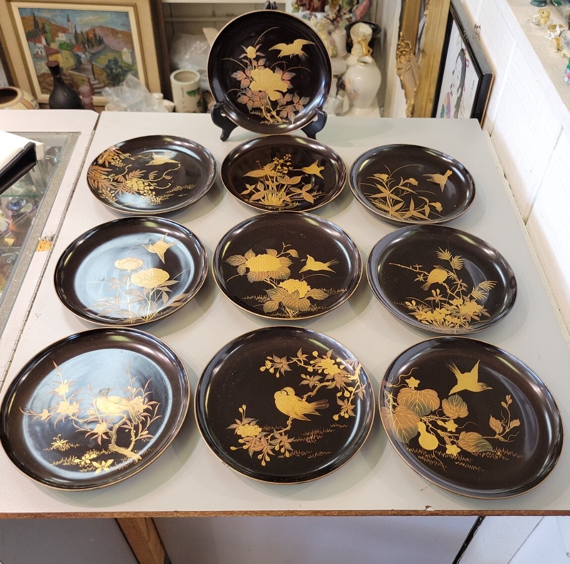 10 Antique Japanese Kashizara Dish Plate Wood Black Lacquer