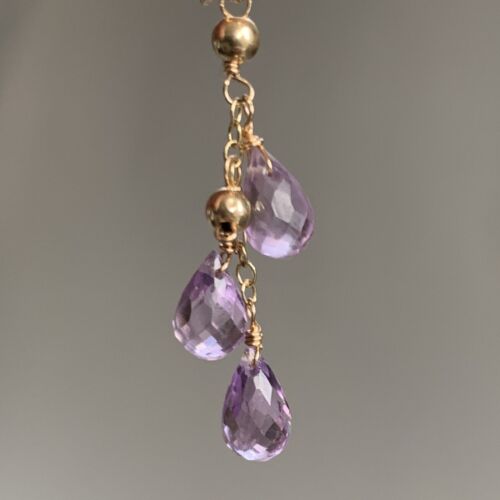 Single 14K Gold Earring Amethyst Briolette Drops Dangle 42mm Long Hook 14ct 585 - Picture 2 of 7
