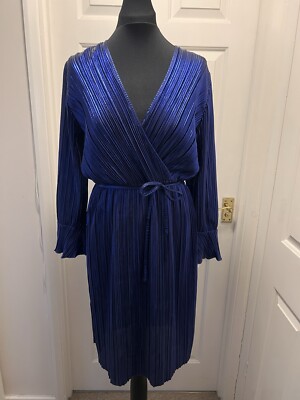 BNWT FRENCH CONNECTION Metallic Blue Fine Pleated Party/Disco Belted Dress UK 8