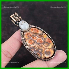 Oval Natural Birds Eye Jasper Rainbow Moonstone Wire Wrapped Boho Pendant Copper