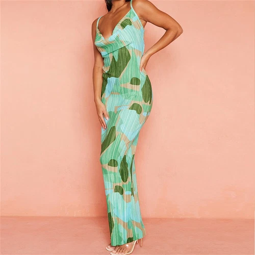 Cowl Neck Plisse Maxi Dress Sleeveless Printed Tank Dress Summer Beach Dresses - Bild 15 von 39