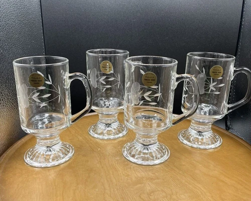 Princess House Heritage 504 Footed/Tempered Glass Set of 4 Irish Coffee Mugs NIB