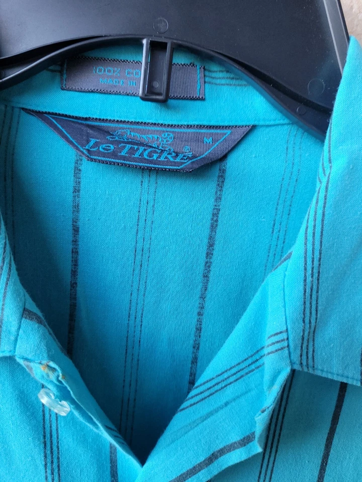 Vintage Shirt Teal Blue Striped Le Tigre Brand Chest Pocket Button Up Collar MED - Image 2 of 4