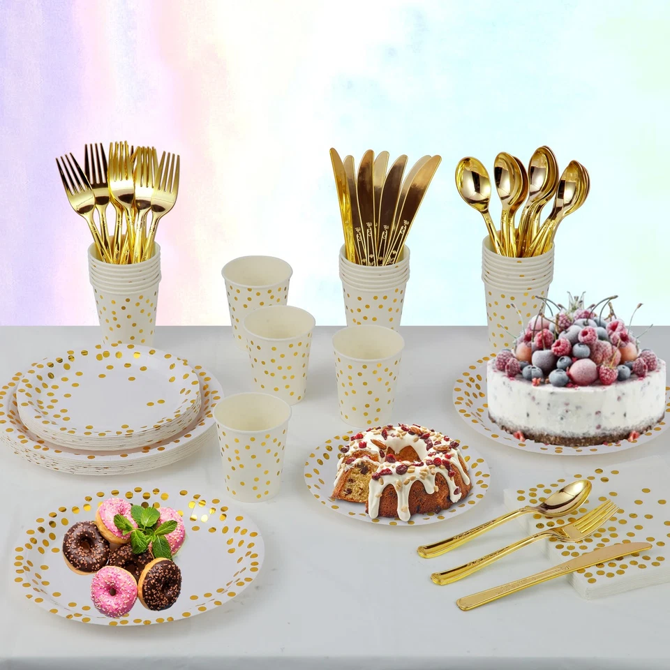 Juego de fiesta desechable blanco y dorado 176 piezas - platos, tazas, servilletas, cubiertos Foto 2 de 4