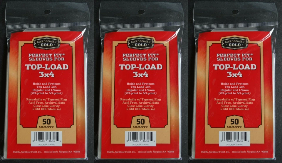 150 Cardboard Gold Perfect Fit Sleeves for Top-Load 3x4 from 20-60 Pt Bag