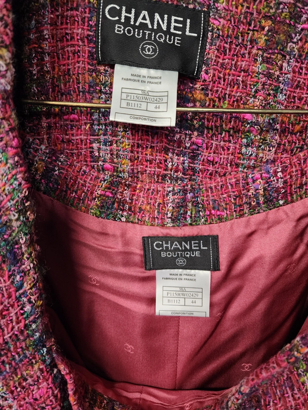 Tuta Chanel 98A taglia 44 Boucle fantasia tweed gonna multicolore