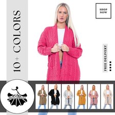 Womens Cape Cardigan Chunky Cable Knitted Oversized Ladies Pocket Long Jumper