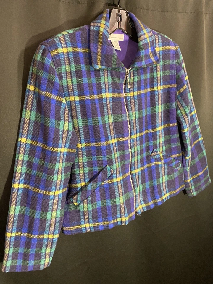 Chaqueta de mezclilla New York vintage años 90 azul verde baird a cuadros mezcla de lana cremallera Y2K talla S Foto 4 de 4