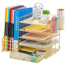 Rose Desk Organizer with File Holder, 5-Tier Paper Letter Tray Organizer Gold