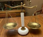 Vtg MCM White Hobnail Milk Glass Bronze Scale Of Justice