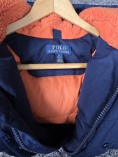 Boys Polo Ralph Lauren Hooded Winter Coat Jacket Navy Blue Orange Lined Size...