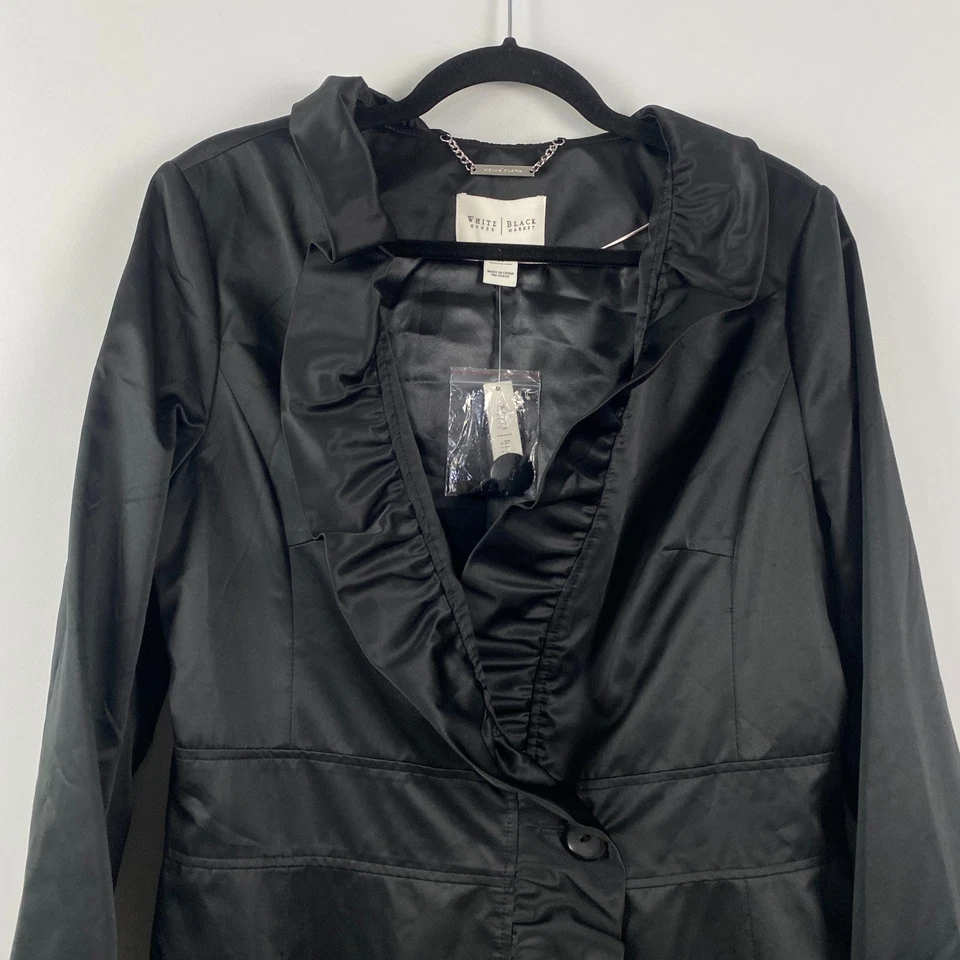 White House Black Market 夹克荷叶边正装黑色缎面外套 14 码 — 第 2/4 张图片