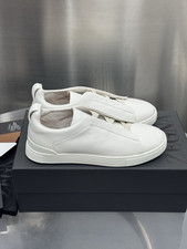  Men's Zegna Triple Stitch White Leather Slip On Casual Sneakers