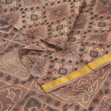 Sanskriti Vintage Sarees Brown Zari Border Pure Silk Print Sari 6Yd Craft Fabric