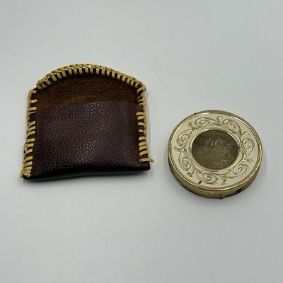 Vintage Max Factor Creme Puff Compact Gold  And White Mirror With Leather Case
