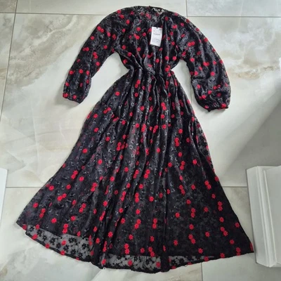 Ladies Zara Maxi Dress Red Black Floral Net SIZE M - Image 1 of 4