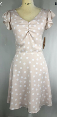 Gianni Bini Flare A-Line Dress XL Short Sleeve Keyhole Knot Beige Polka New